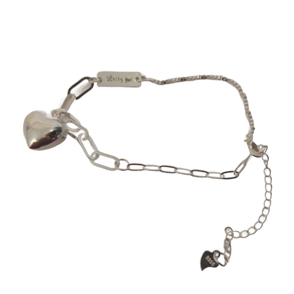Silver S925 Link Chain Bracelet Womens 7 1/4 Lucky Girl Heart Charm Extender - Picture 2 of 6